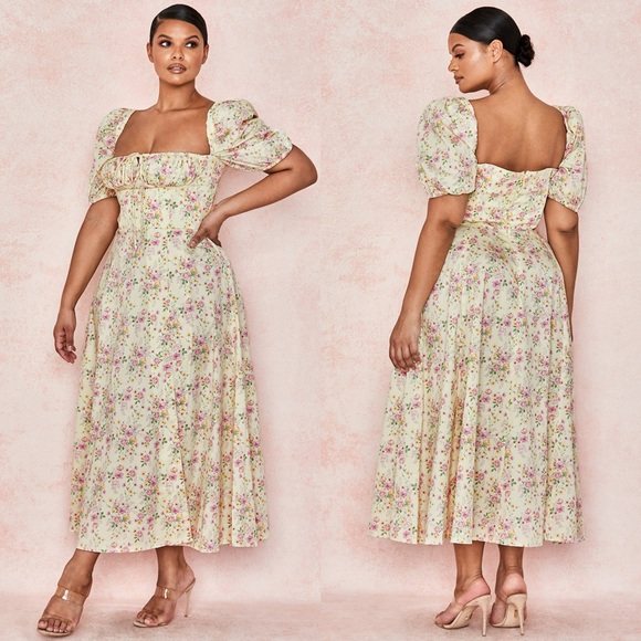 HOUSE OF CB 'Tallulah' Lemon Floral Puff Sleeve Midi Dress - Picture 3 of 16